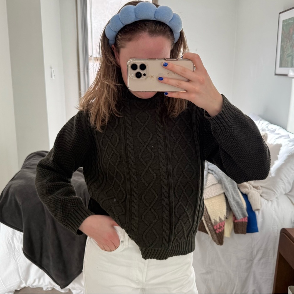 Vintage Dark Green Cable Knit High Neck Sweater